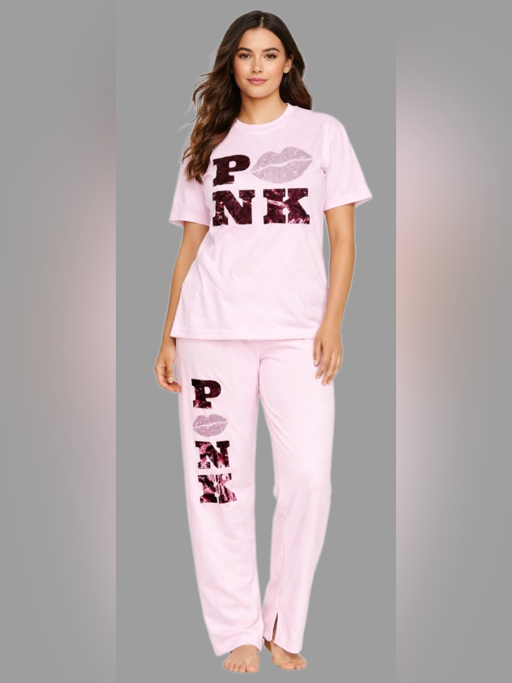 NEE VICTORIAS SECRET PINK BLING CAMPUS TEE SHIRT & PANTS 2PC SET RHINESTONES